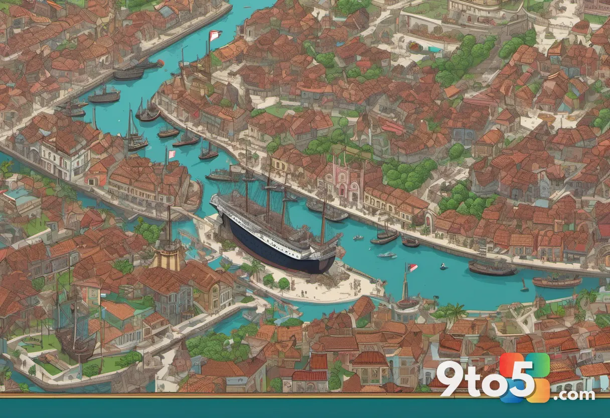 A wide-angle view of a detailed 18th-century Caribbean port city with colorful colonial buildings, bustling crowds, and 