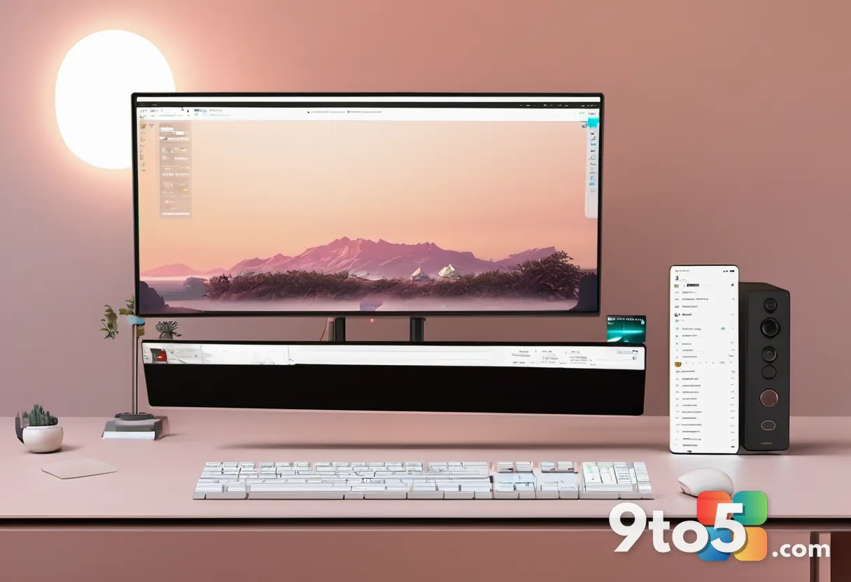A clean, minimalist desk setup featuring a modern gaming monitor displaying a paused game menu, a keyboard, and a notebo