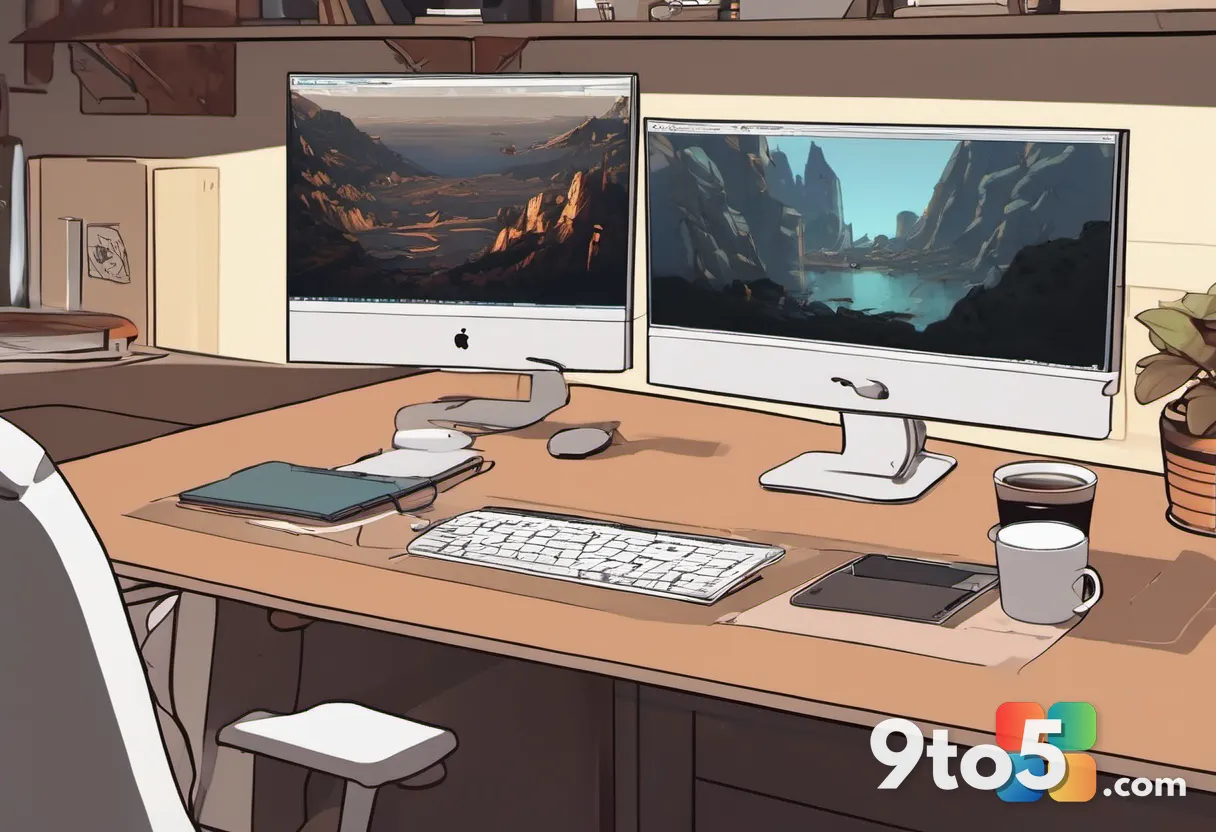 A close-up of a developer's desk with a paused game screen showing a fantasy landscape, surrounded by empty coffee cups 