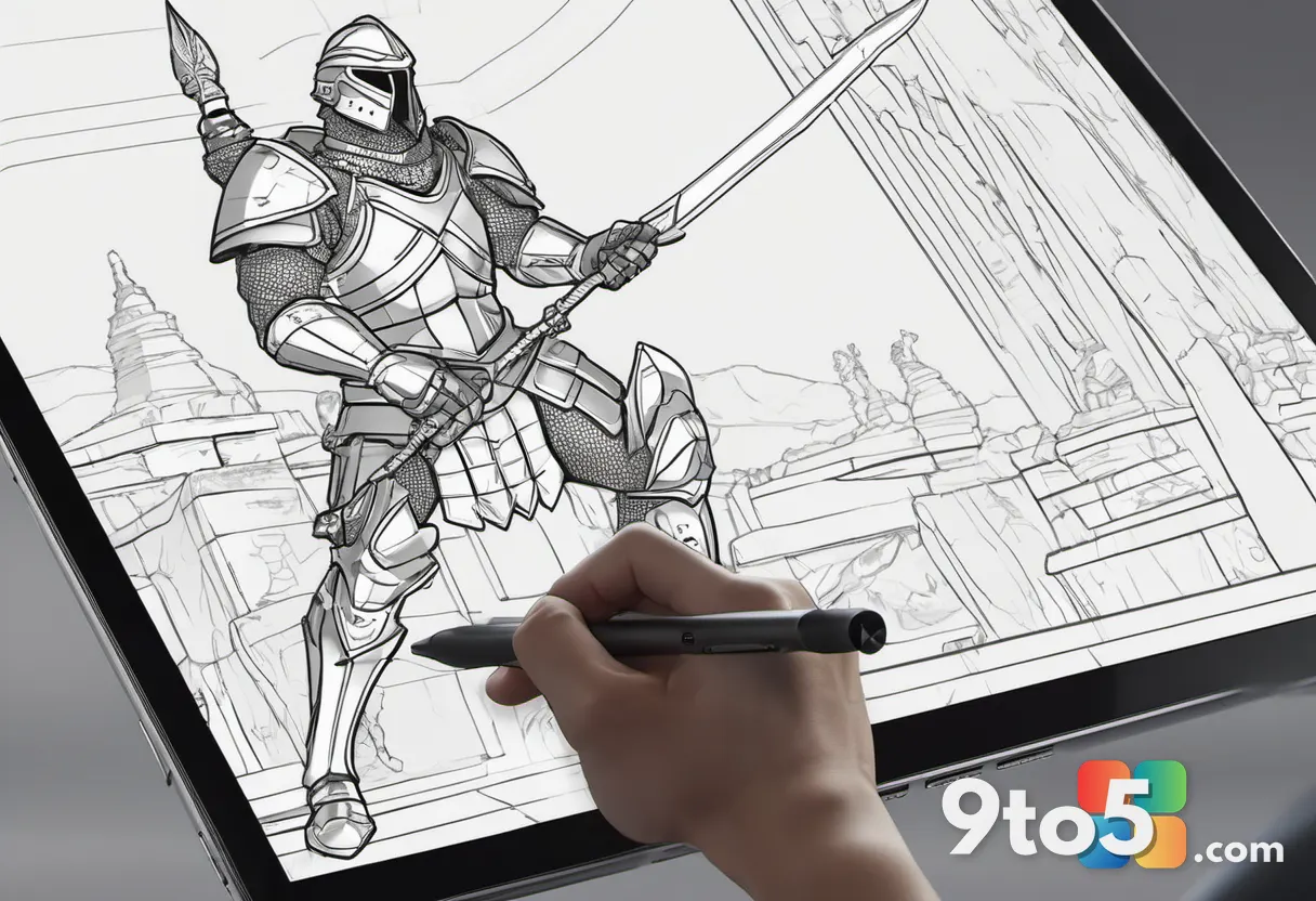 A close-up of a hand holding a stylus over a digital tablet, drawing a detailed character design of a heavily armored wa