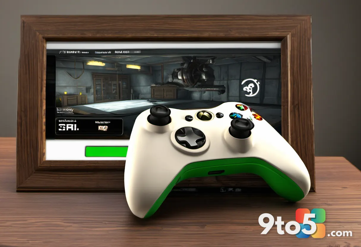 A vintage Xbox 360 controller resting on a wooden table next to a framed photo of the Gears of War logo, nostalgic atmos