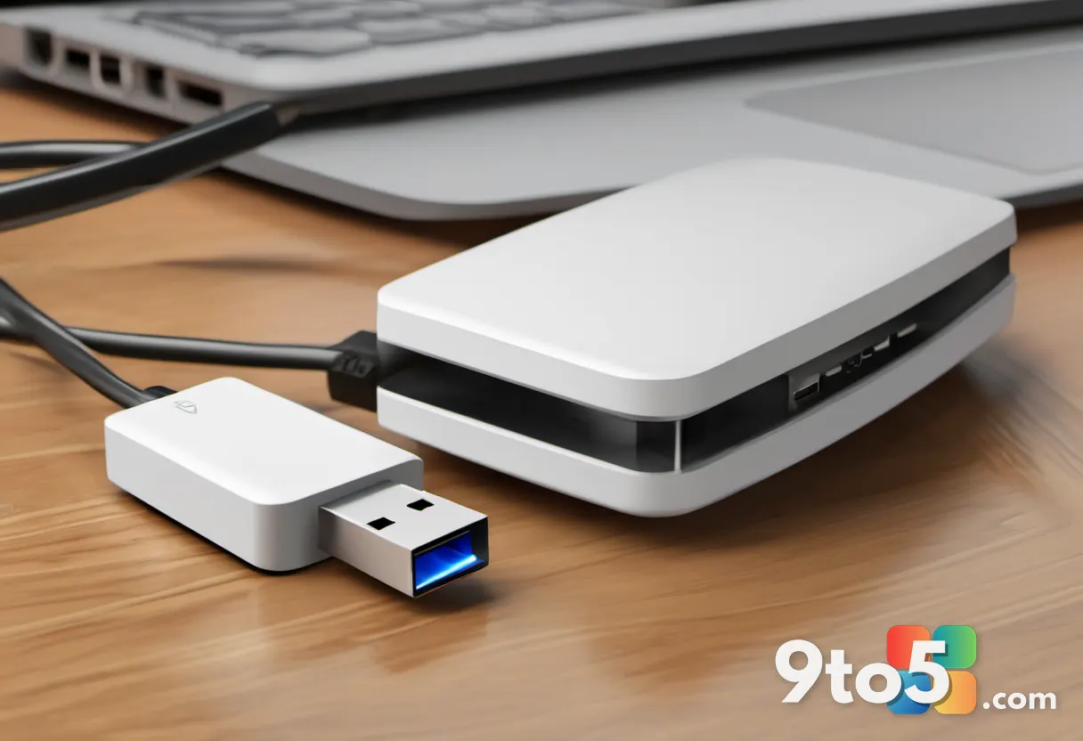 A close-up of a USB flash drive lying next to a tangled ethernet cable on a wooden desk. The lighting is warm and natura