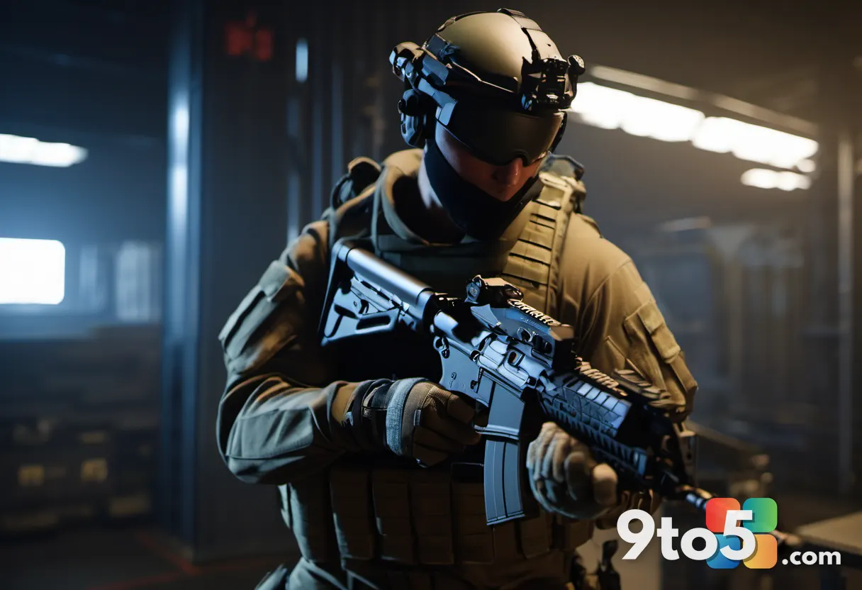 A close-up of a modern assault rifle being held by a soldier in a dimly lit armory, with tactical gear visible in the ba