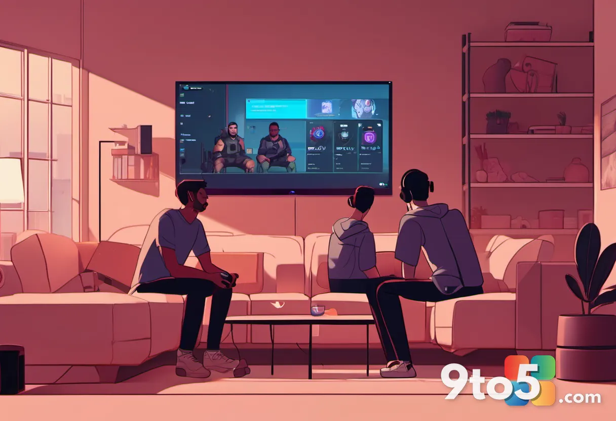A group of four gamers sitting in a living room, controllers in hand, focused on a large TV screen displaying a first-pe