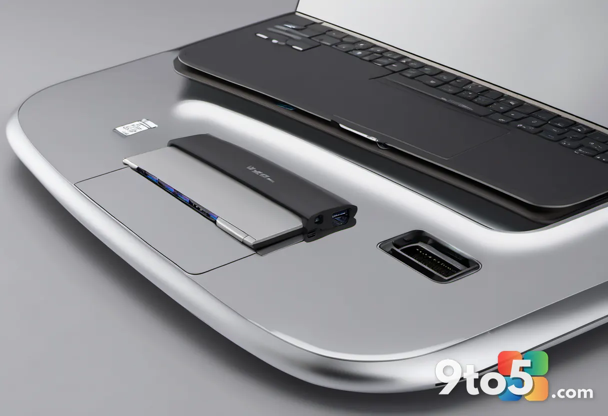 Close-up shot of laptop ports on the side of a silver device, showing USB-C, Thunderbolt, and HDMI connectors clearly. N