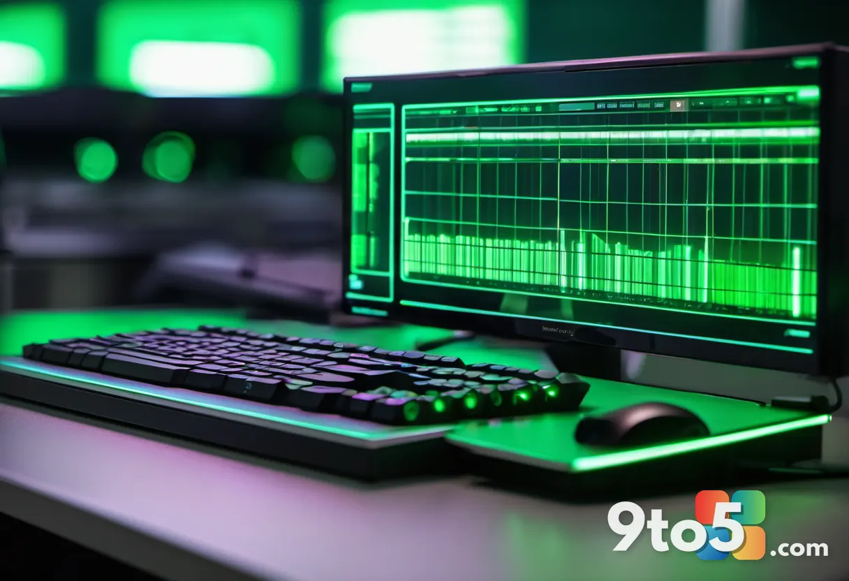 Close-up of a server rack with blinking green lights in the background, foreground showing a blurred hand typing on a ke