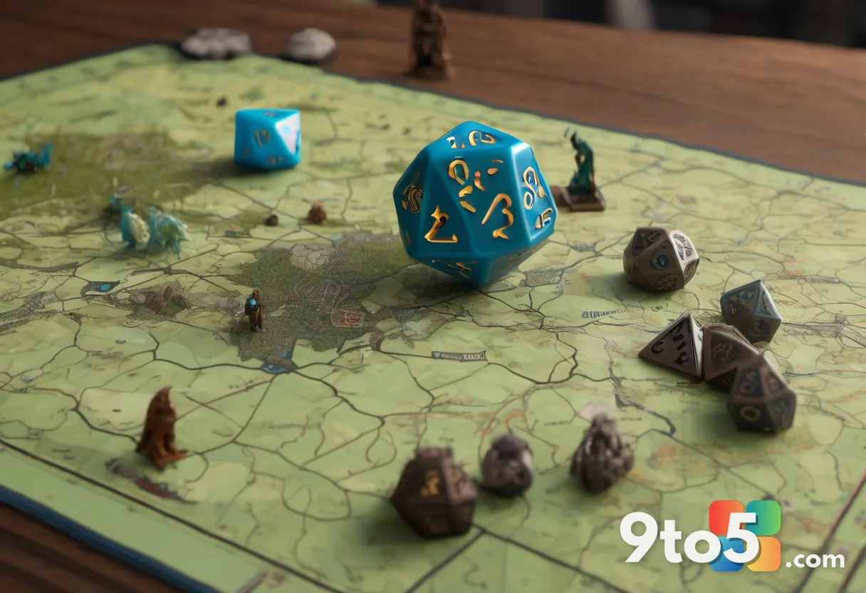 A close-up of a hand rolling a twenty-sided die on a map of Azeroth, with miniature figures of WoW creatures scattered n