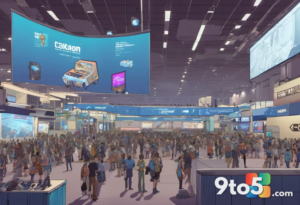 A bustling convention hall filled with attendees, with a large banner reading 'Gen Con' visible in the background, showc