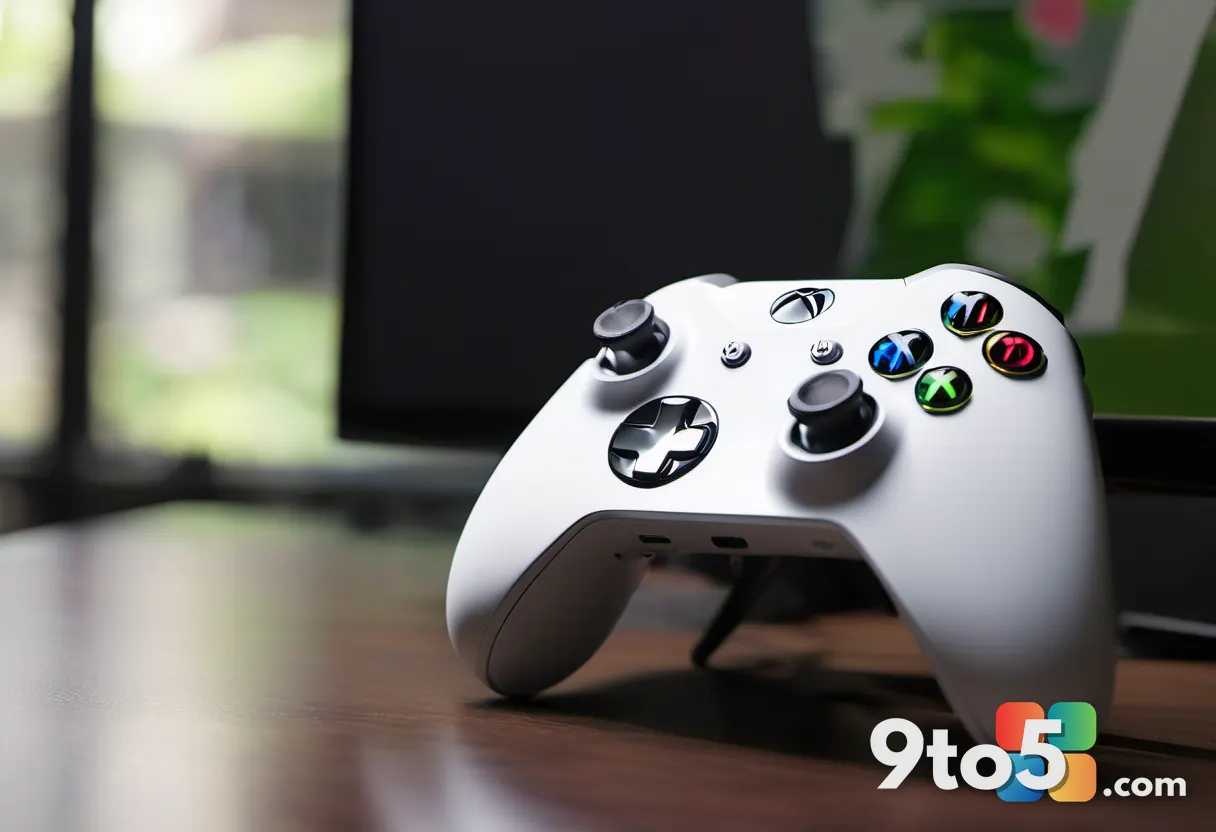 A close-up, shallow depth-of-field photograph of a white Xbox controller resting on a dark wooden desk. In the blurred b