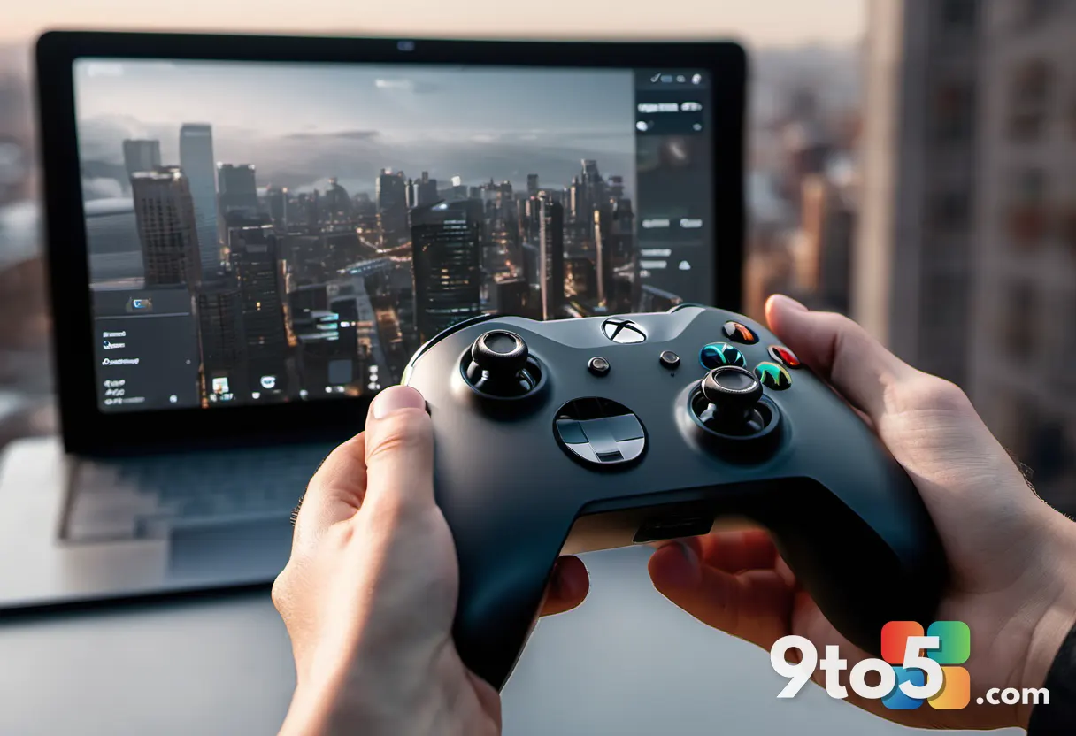 A close-up of a hand holding an Xbox controller with a blurred cityscape background, representing the mobile and connect