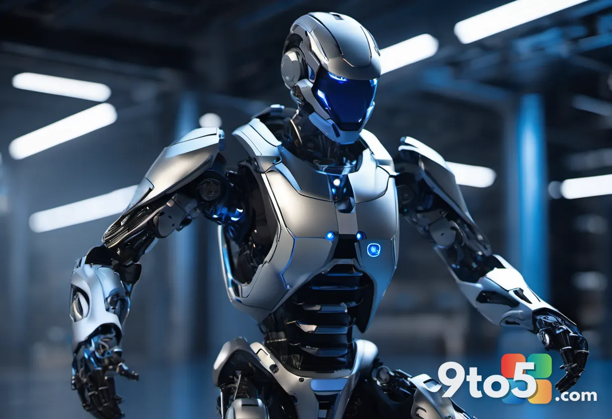 A close-up of a sleek, metallic robotic exoskeleton suit standing idle in a dimly lit hangar bay with blue ambient light