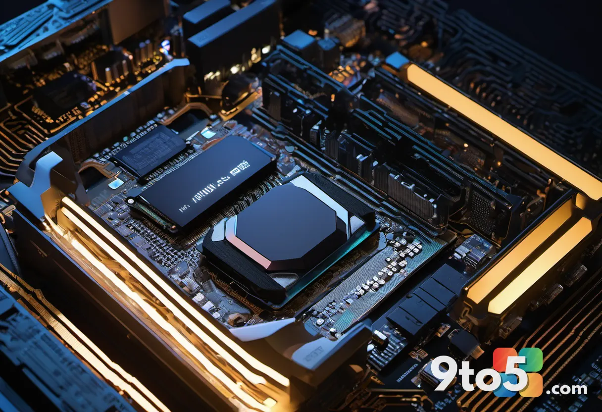 Close-up of a high-end graphics card with glowing RGB lights and intricate circuitry, set against a dark background emph
