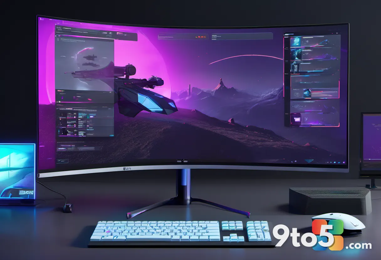 A sleek gaming desktop setup featuring a large curved monitor displaying a vibrant sci-fi battlefield scene, with mechan