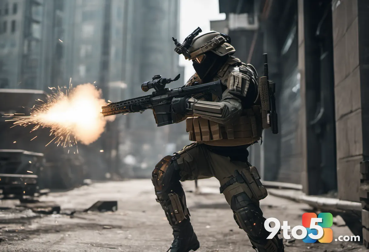 A close-up action shot of a heavily armored soldier firing a chain gun, sparks flying from the weapon, gritty urban back