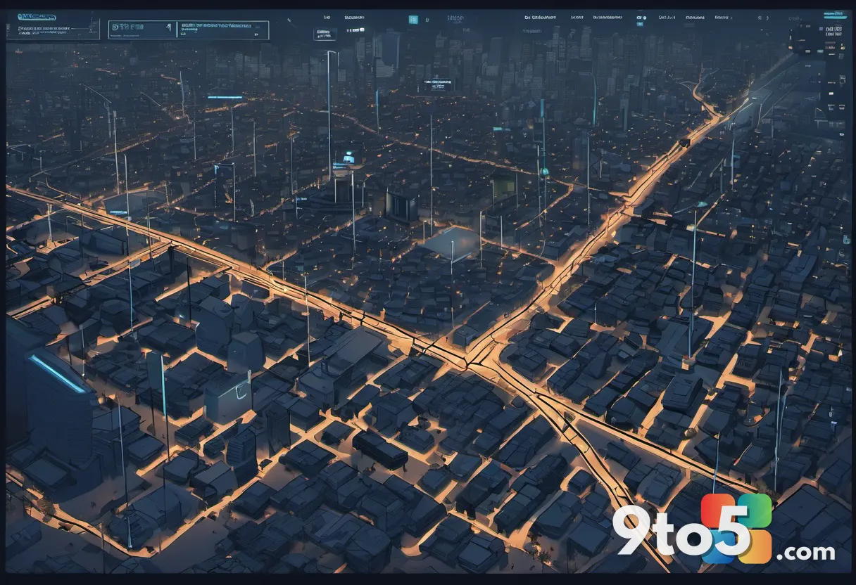 A top-down tactical view of a massive city map at night, with glowing objective markers and squad positions highlighted,