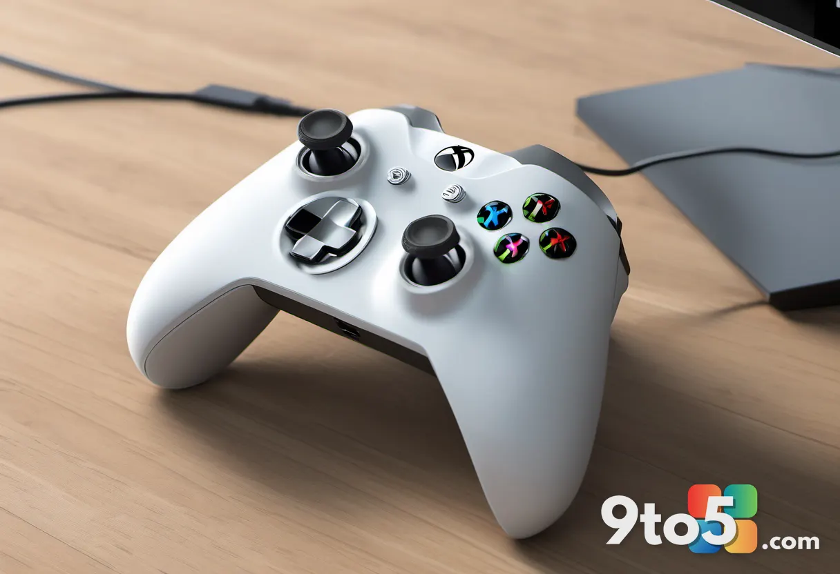 A sleek Xbox controller resting on a desk next to a monitor displaying the Gears of War E-Day logo, soft ambient lightin