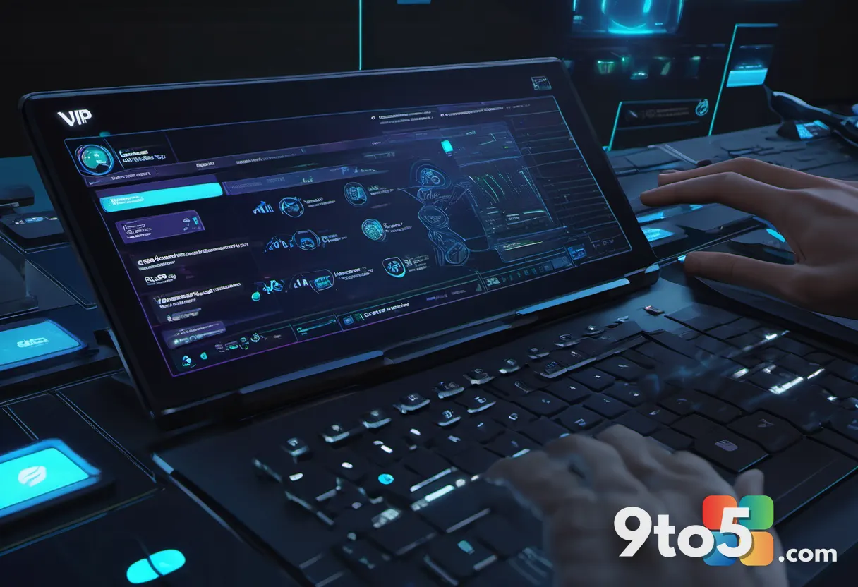 A close-up of a researcher's hands typing on a keyboard with a holographic display showing a "VIP" status and security i
