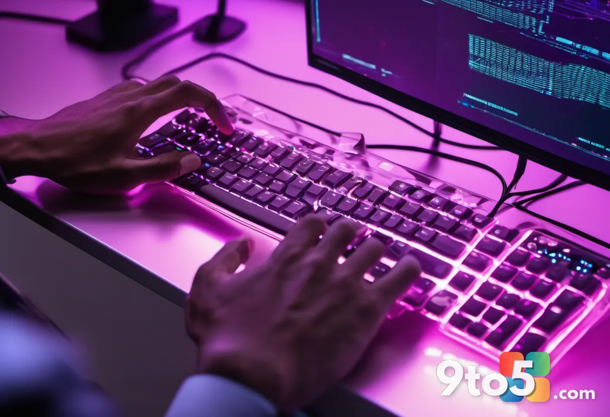 A close-up of a developer's hands typing on a keyboard with holographic code floating above, representing the coding cha