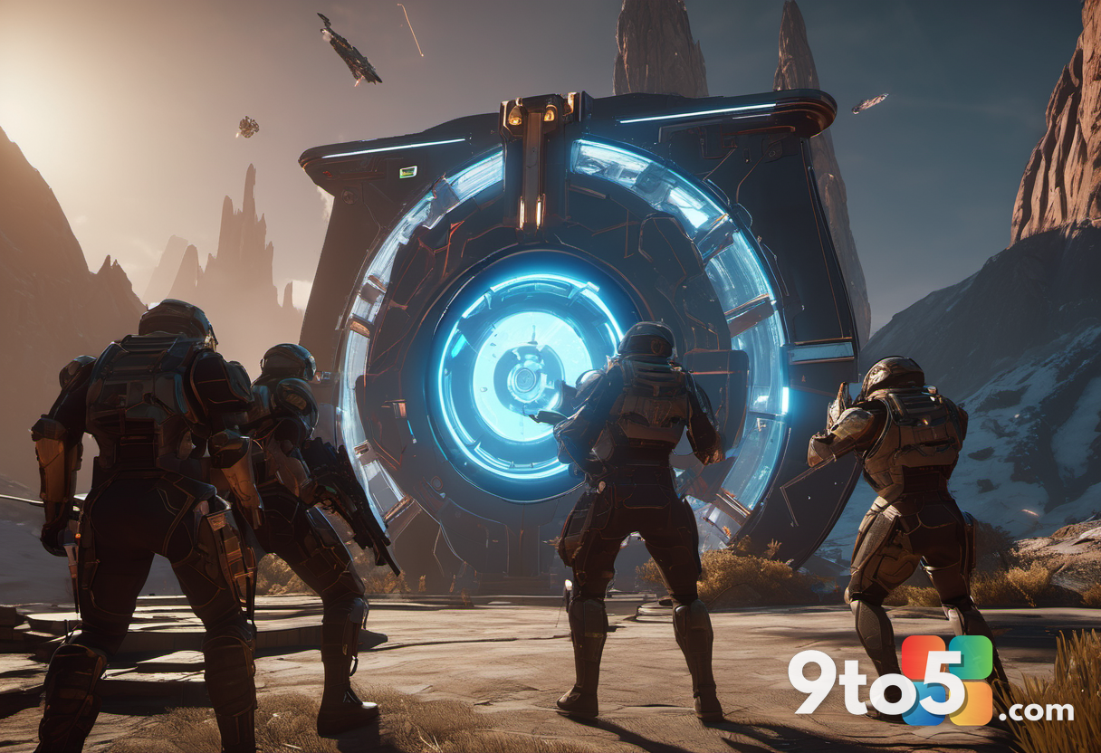 A split-screen view showing a chaotic multiplayer battle with soldiers fighting near a glowing teleporter portal and a l