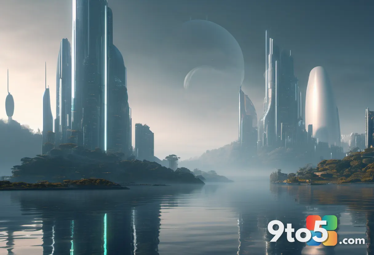 A wide shot of a futuristic alien cityscape rendered with volumetric fog and realistic water reflections, viewed from a 