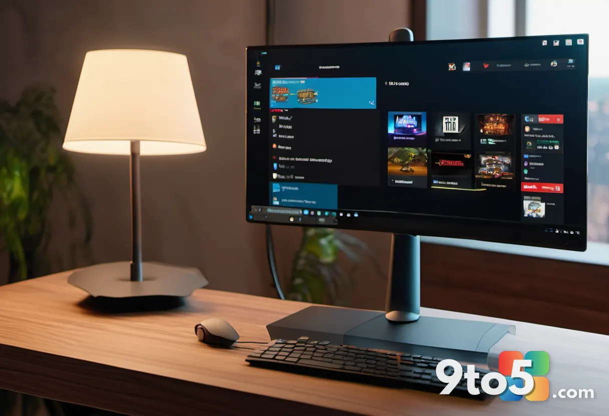 A modern gaming controller and a laptop displaying a game menu, arranged neatly on a wooden desk with warm desk lamp lig