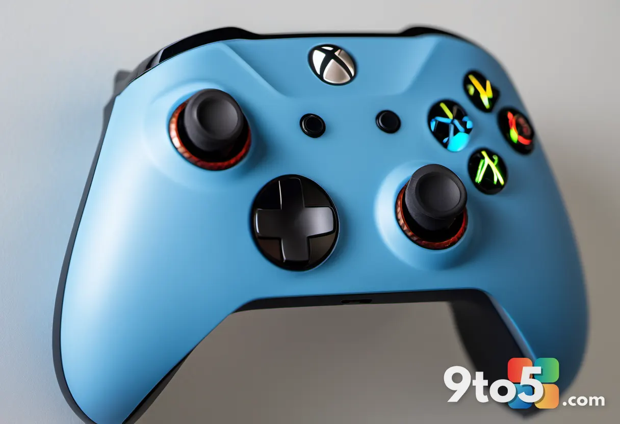A close-up of a modern Xbox controller with a glowing power button, shallow depth of field, studio lighting, blue and wh