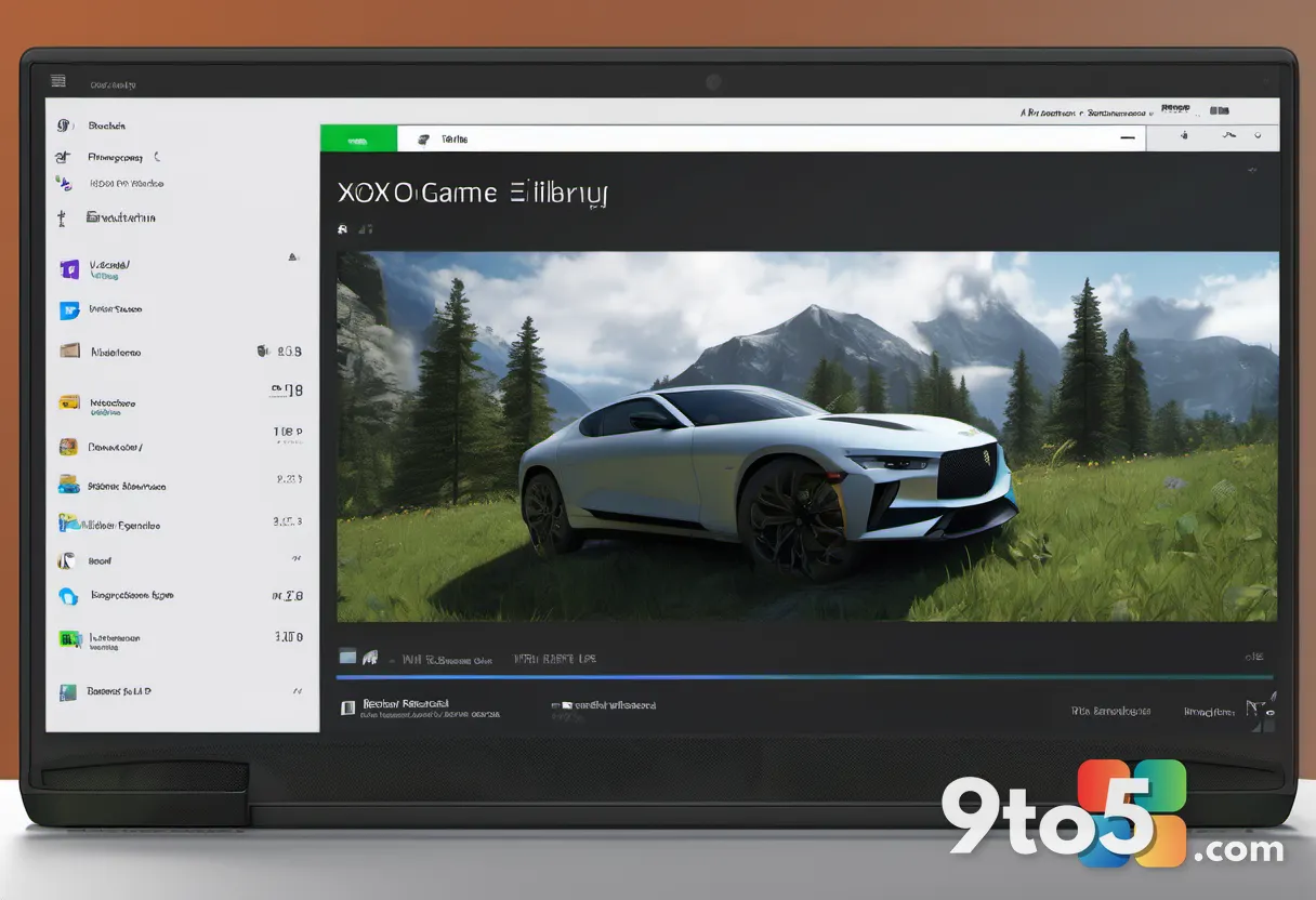 A laptop screen showing the Xbox app interface with a game library list, soft office lighting, realistic photography sty