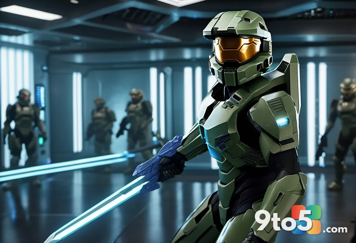 Close-up of Master Chief wielding an energy sword, facing a group of Covenant soldiers in a metallic corridor, dynamic l