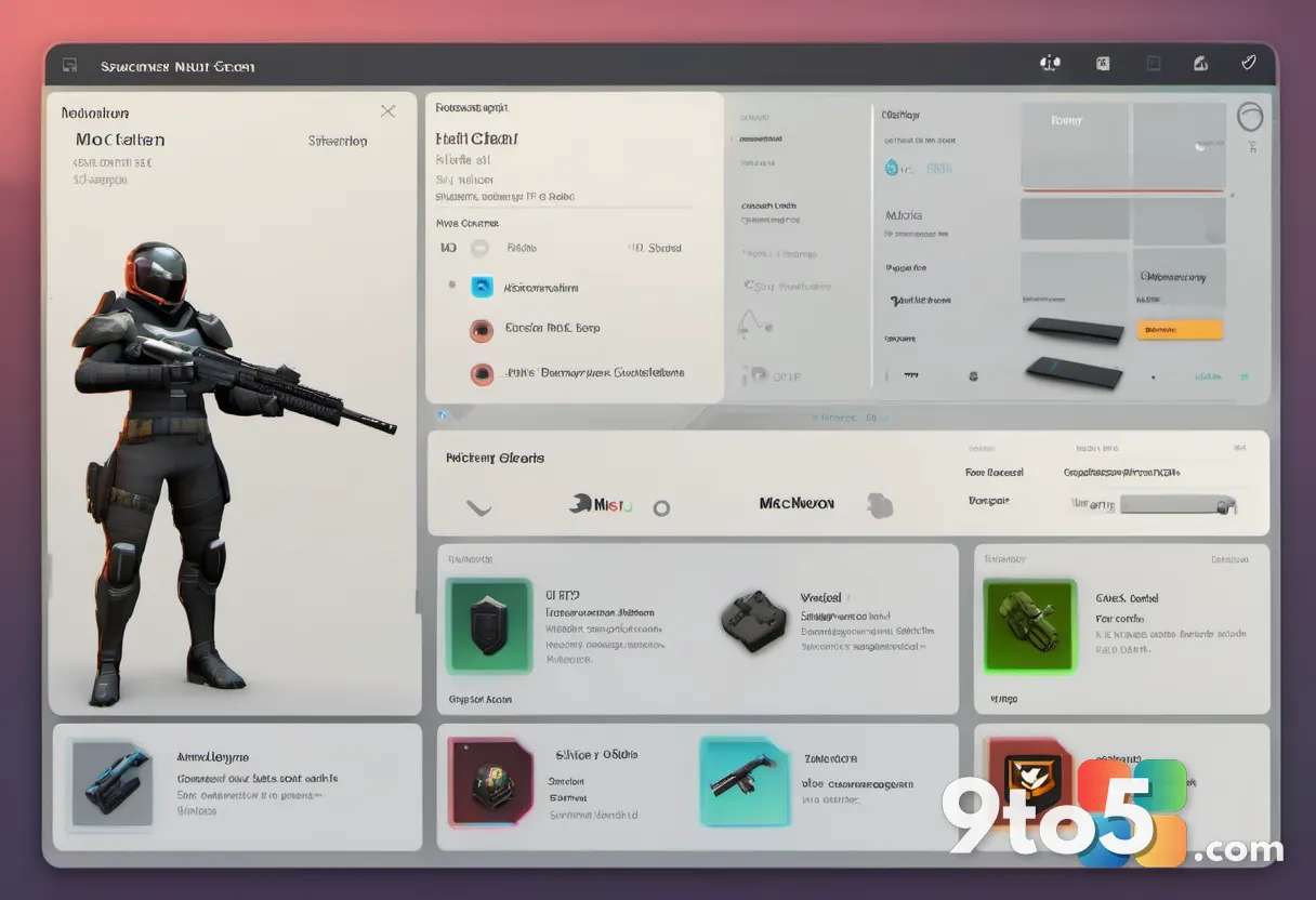A game menu screen showing weapon skins and armor customization options, clean interface design, vibrant colors, no text