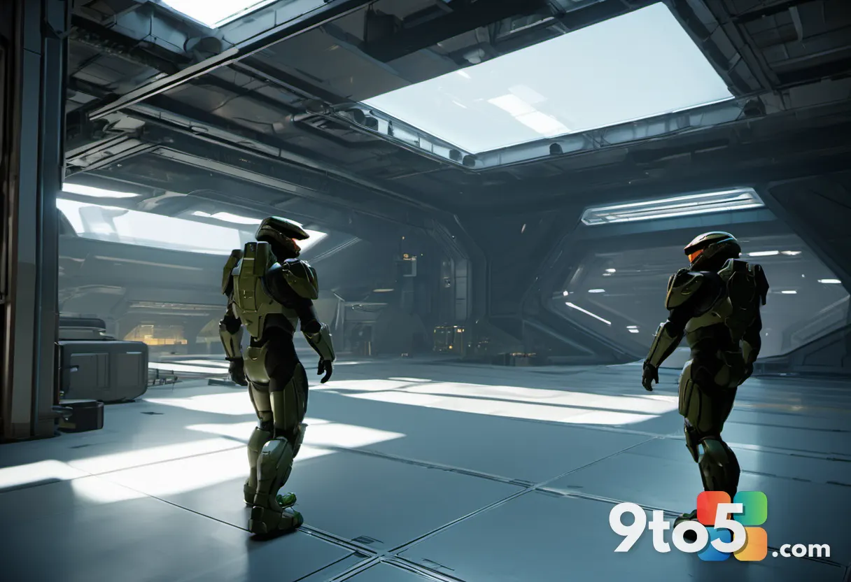 Master Chief and Sergeant Johnson walking through a Covenant hangar, massive scale, atmospheric lighting, detailed envir