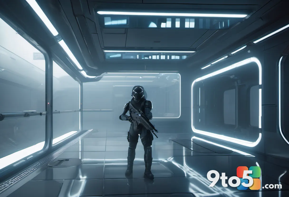 A first-person view of a futuristic assault rifle aimed down a misty alien corridor with advanced volumetric lighting an