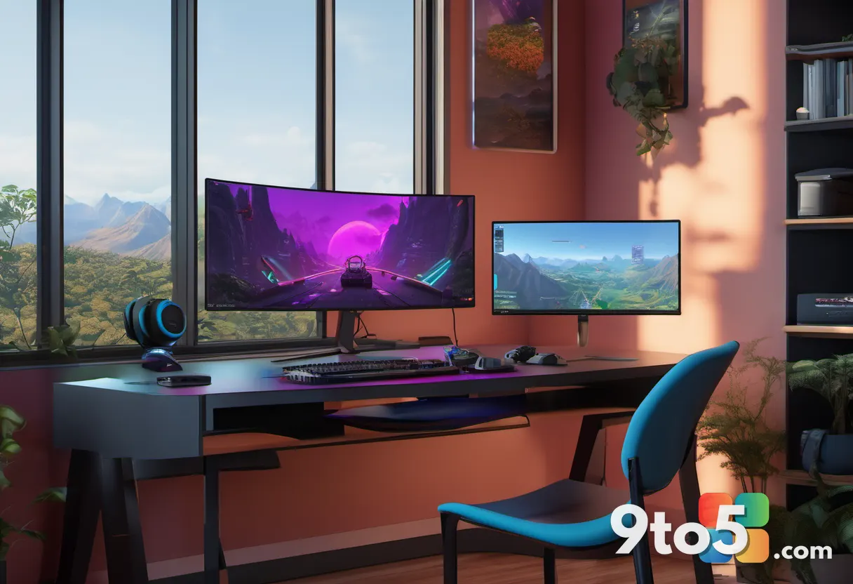 A modern gaming setup with a curved monitor displaying a vibrant alien landscape, a keyboard with soft RGB backlighting,