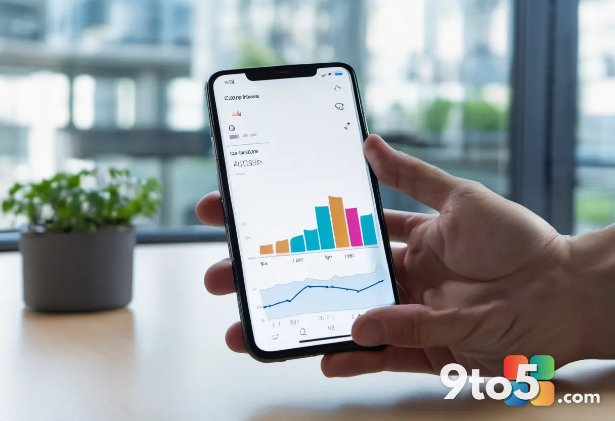 A close-up of a hand holding a smartphone displaying a graph with an upward trend, symbolizing growth in PC sales, blurr