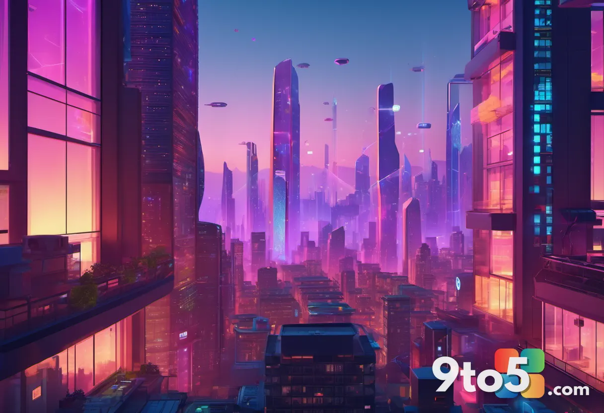 A futuristic cityscape at dusk with holographic AI icons floating above buildings, representing the shift to edge AI and