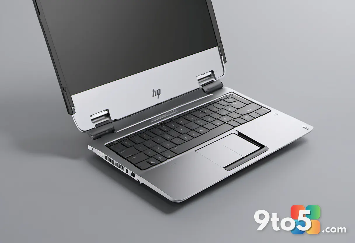 Close-up of the HP OmniBook X Flip hinge mechanism showing the 360-degree rotation, metallic finish, clean background.