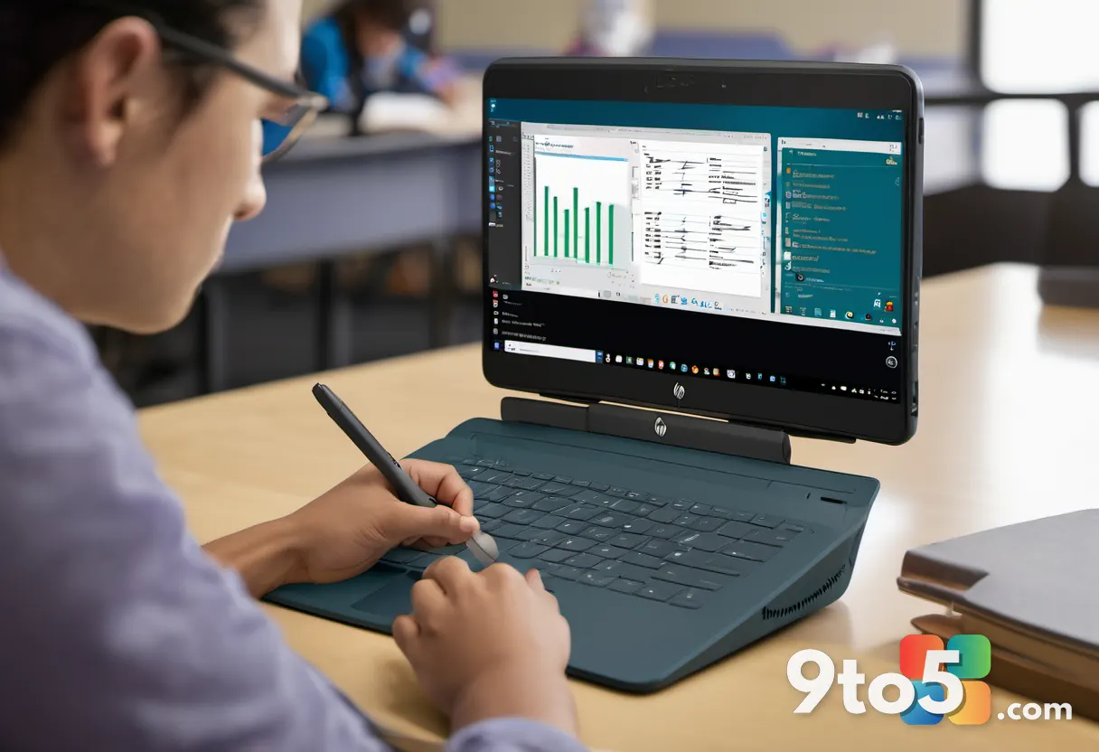 Student using a stylus to write notes on the HP OmniBook X Flip touchscreen, vibrant display showing handwritten text, c