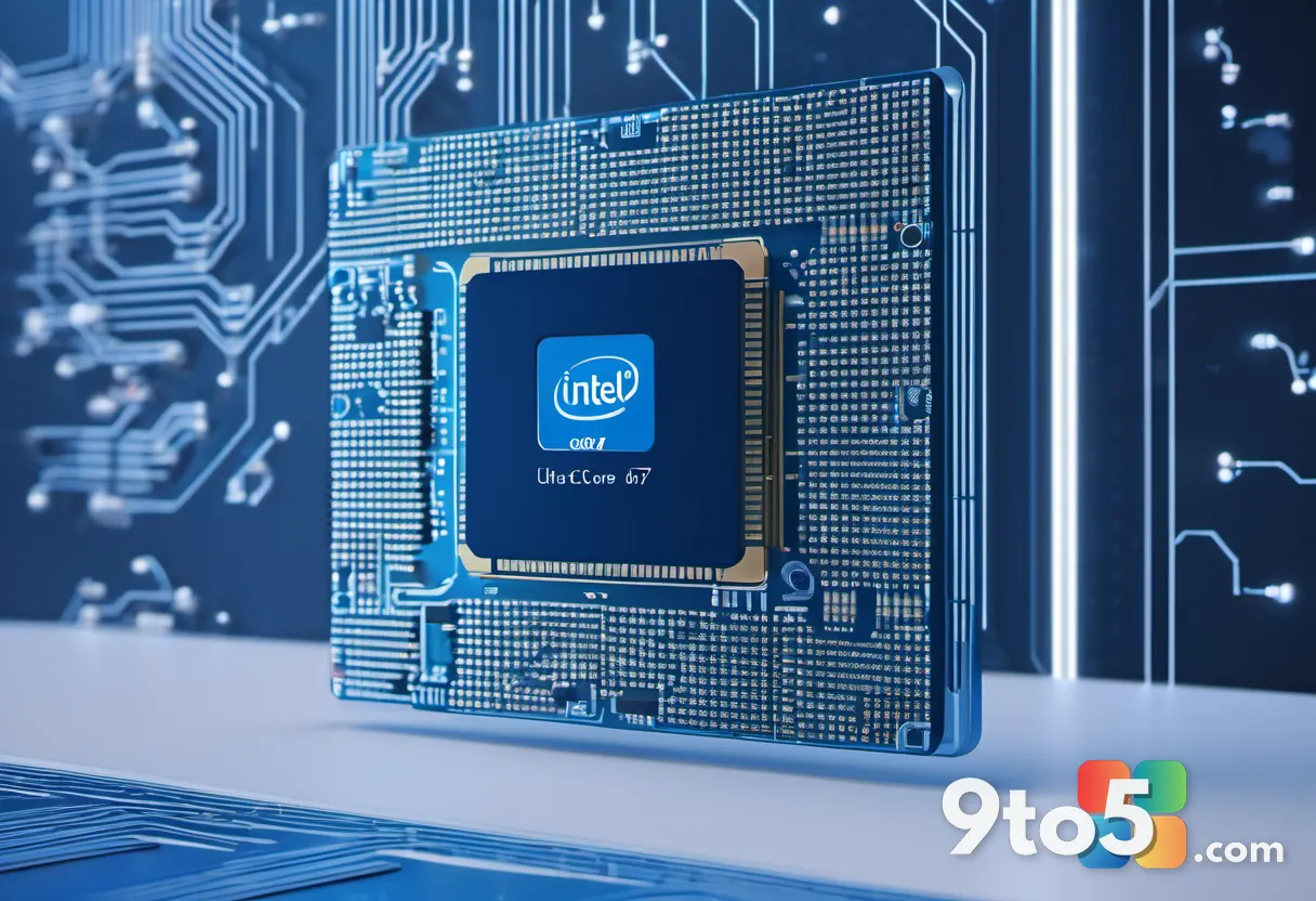 Intel Core Ultra 7 processor chip graphic with surrounding circuit patterns, blue and white color scheme, technical aest