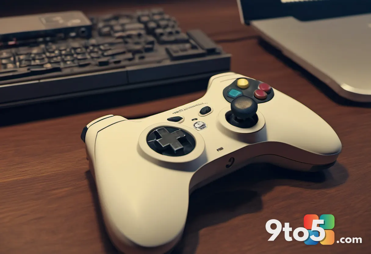 A close-up shot of a worn, vintage game controller resting on a desk next to a stack of old game cases. The lighting is 