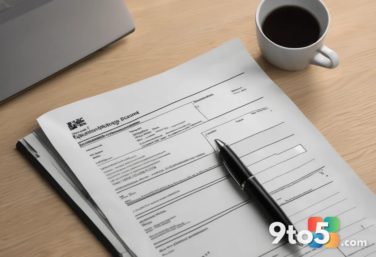 A close-up of a sealed official government document with redacted text, resting on a wooden desk next to a coffee mug. S