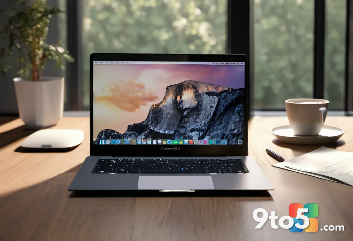 A close-up shot of a single closed laptop on a wooden desk, surrounded by scattered papers and a cold coffee cup. The li