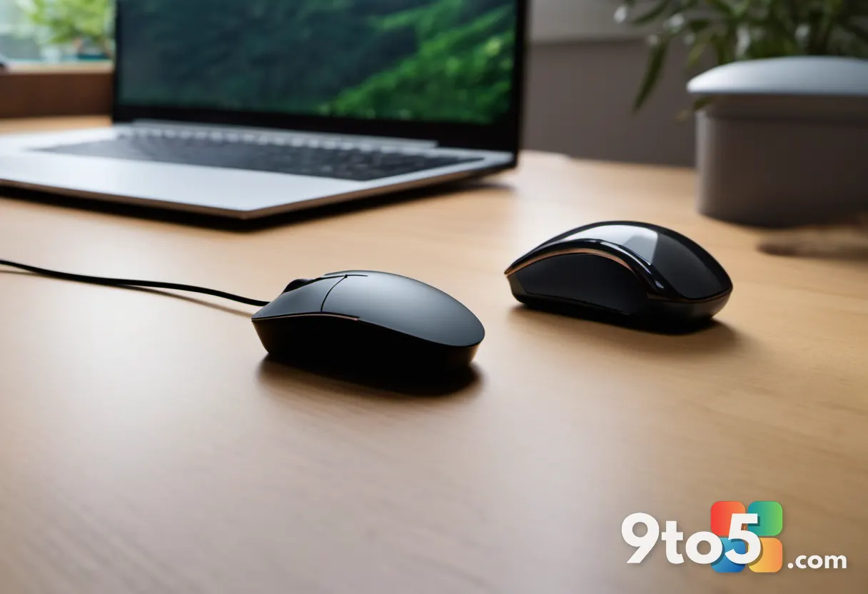 A close-up shot of a computer mouse resting next to a USB drive labeled with a film strip icon, sitting on a wooden desk