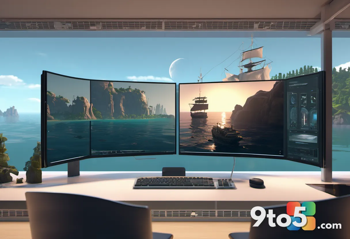 A split-screen digital illustration showing a futuristic sci-fi landscape on the left and a historical pirate ship saili