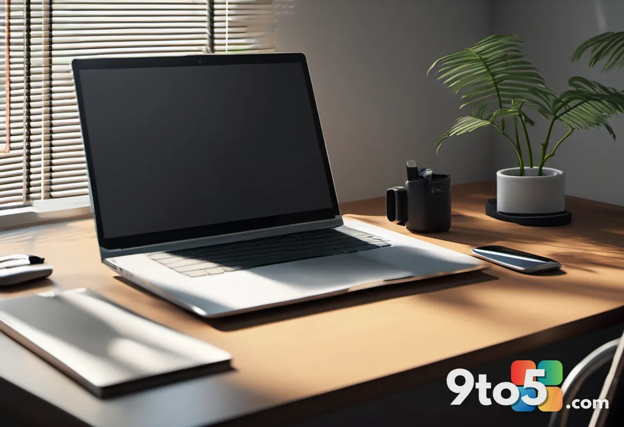 A close-up of a modern office desk with an empty chair, a closed laptop, and personal items left behind. Soft daylight s