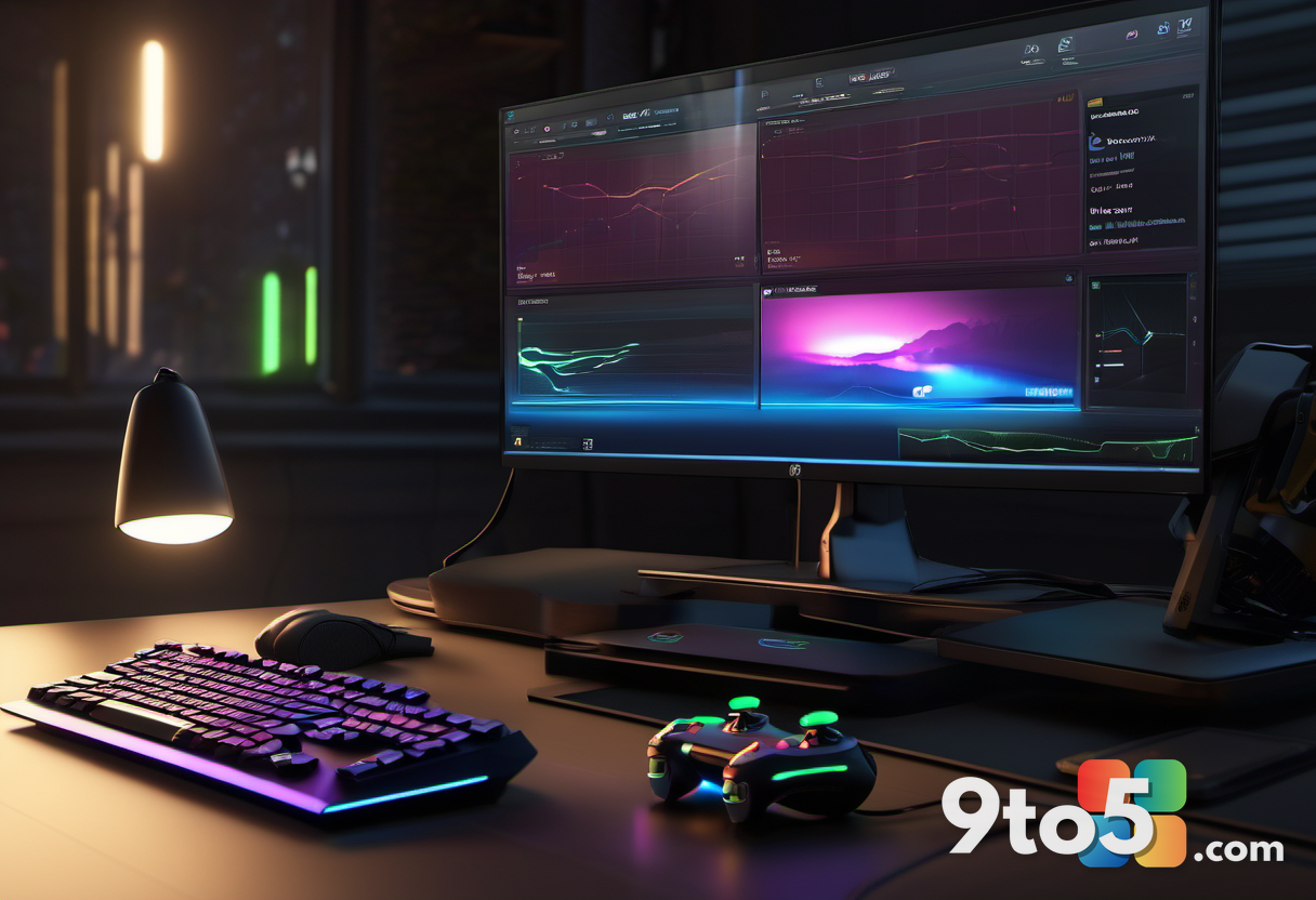 A sleek, modern gaming controller rests on a dark wooden desk next to a glowing monitor displaying a vibrant, high-fidel