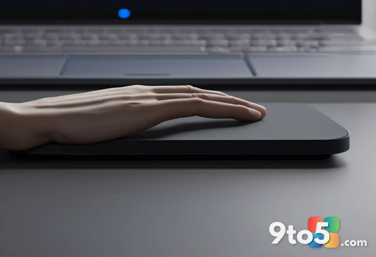 Close-up of a hand resting naturally on a dark trackball mouse, emphasizing the ergonomic curve and thumb placement.