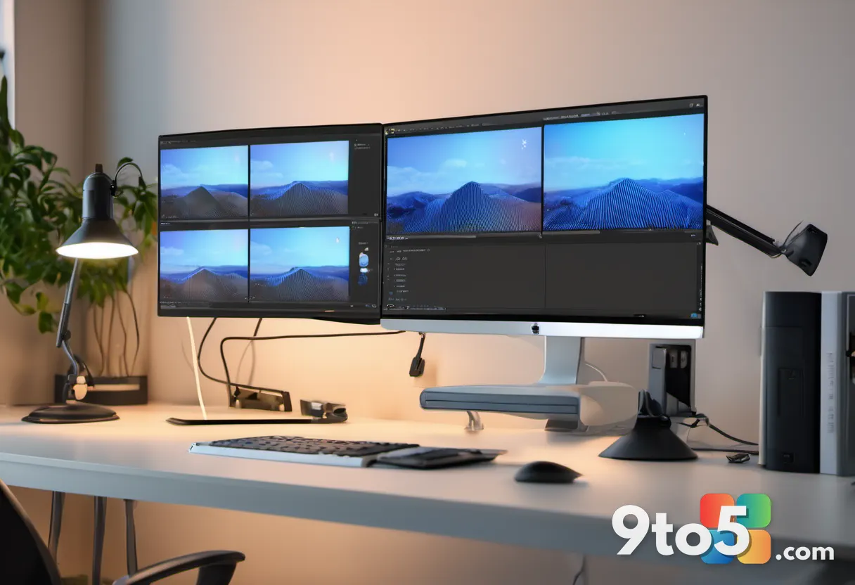 Dual monitors displaying a video editing timeline, with a cursor precisely positioned over a clip, illuminated by cool d