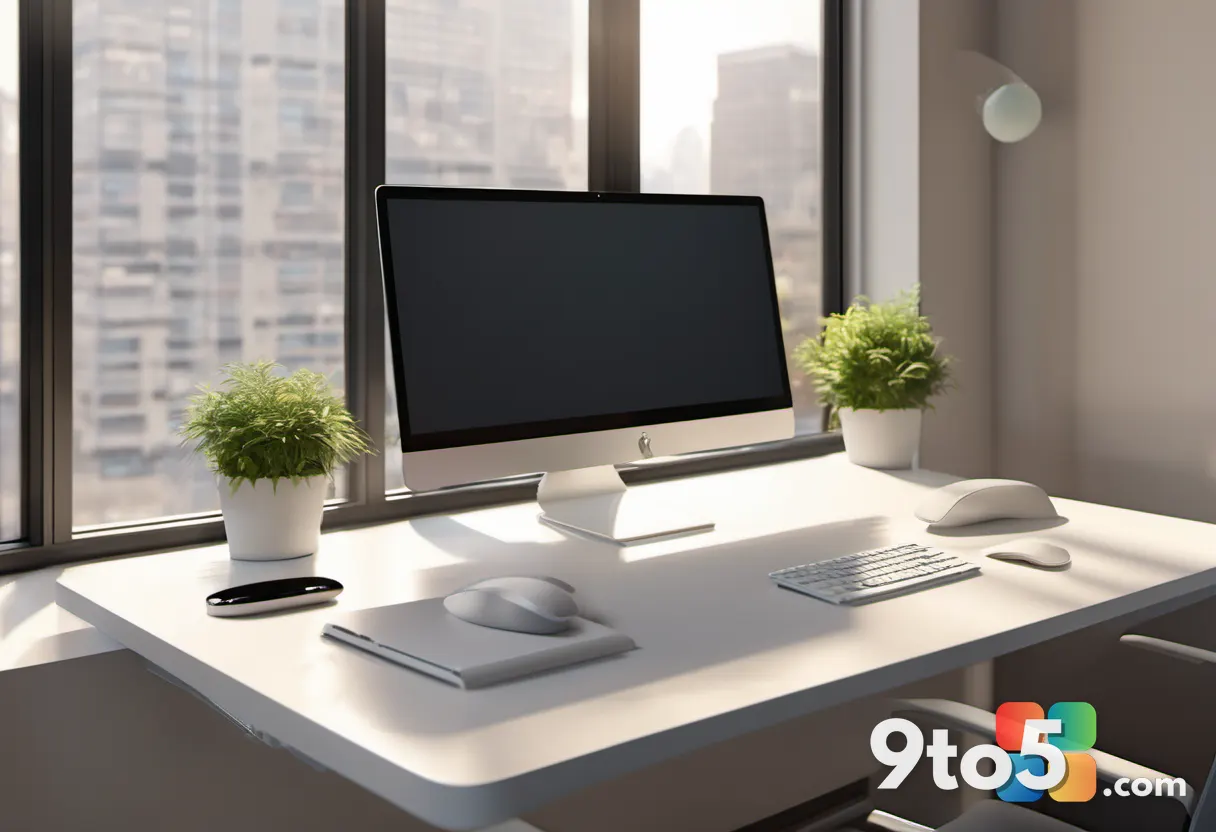 A modern office desk setup featuring the trackball alongside a keyboard and notebook, bathed in warm morning light.