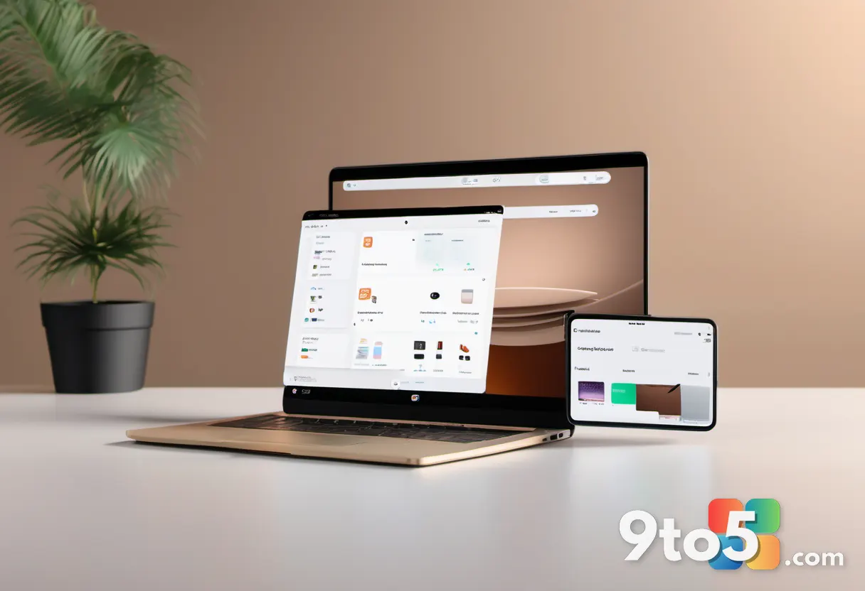 A hand holding a smartphone next to a laptop displaying an online store interface. Focus on clarity and organization in