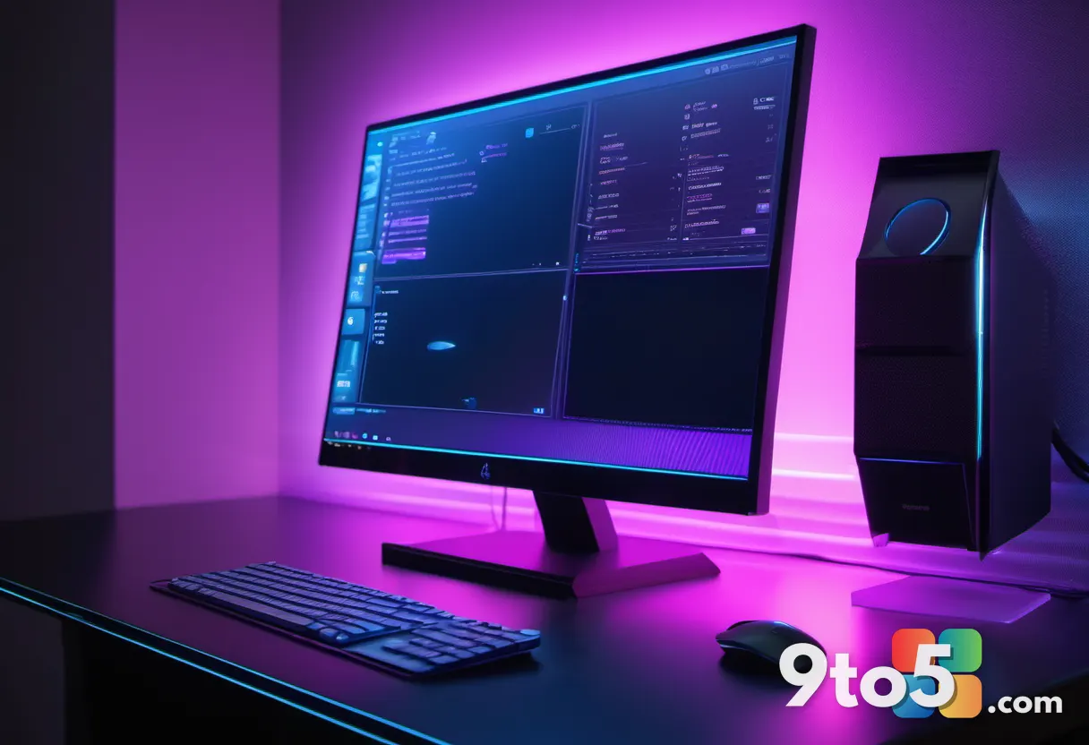 Close-up of a transparent computer monitor base emitting soft blue and purple LED light, reflecting on a dark matte desk