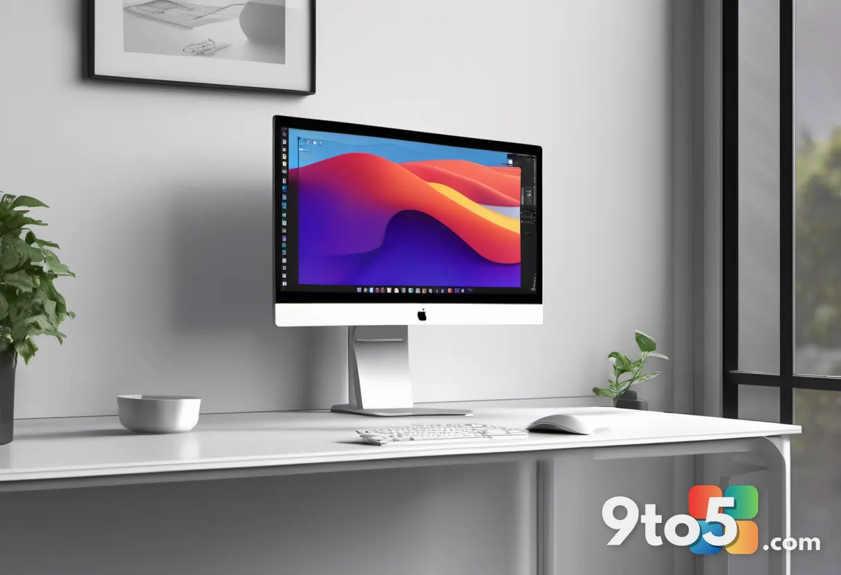 Side view of an ultra-thin all-in-one PC stand leaning against a desk, showing the sleek profile and hidden ports at the